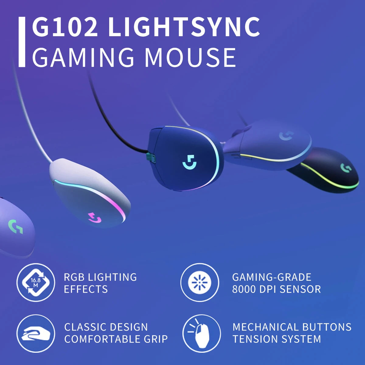 Logitech G102 Gaming Mouse 8000 DPI HERO Sensor 20M Click Durability RGB Lighting for Competitive Esports Daily Play G102  Mouse