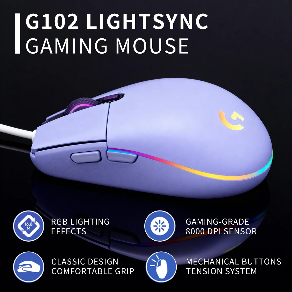 Logitech G102 Gaming Mouse 8000 DPI HERO Sensor 20M Click Durability RGB Lighting for Competitive Esports Daily Play G102  Mouse